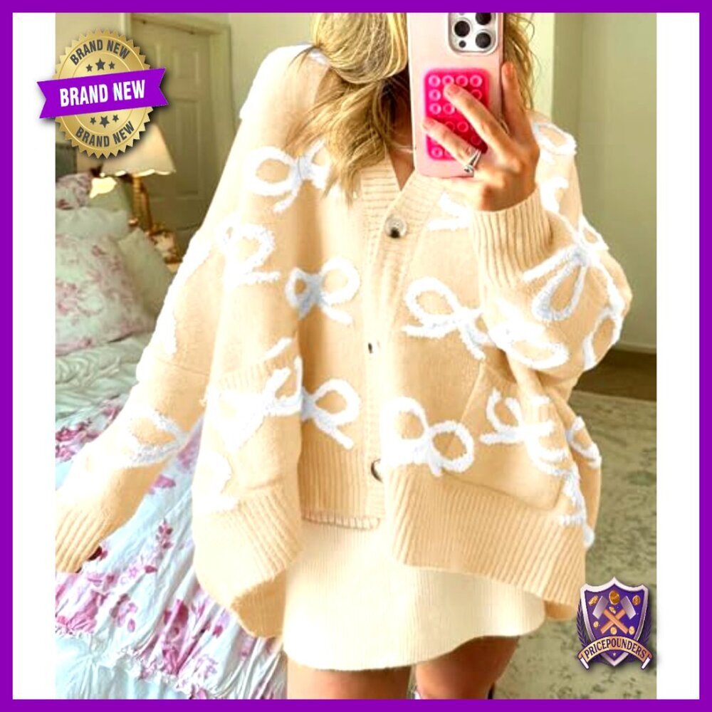 Chunky Knit Cardigan Sweater Oversized Loose Fit Button Up Bow Embroidery - Picture 3 of 6